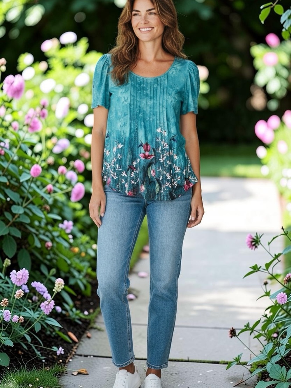 Ofeefan Women’s XL Top NWT Teal Floral Pintuck Watercolor Short Sleeve Blouse